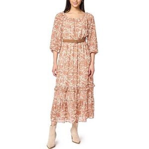 Juniors’ Wallflower On/Off Shoulder Belted Maxi Dress Rusted Brown Floral XL